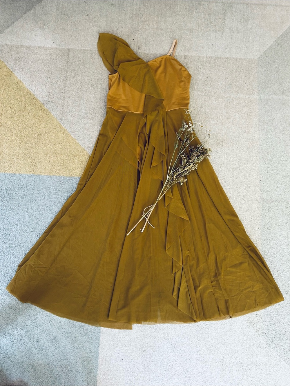 Revolution One-Shoulder Ruffle Gown in Mustard Gold
